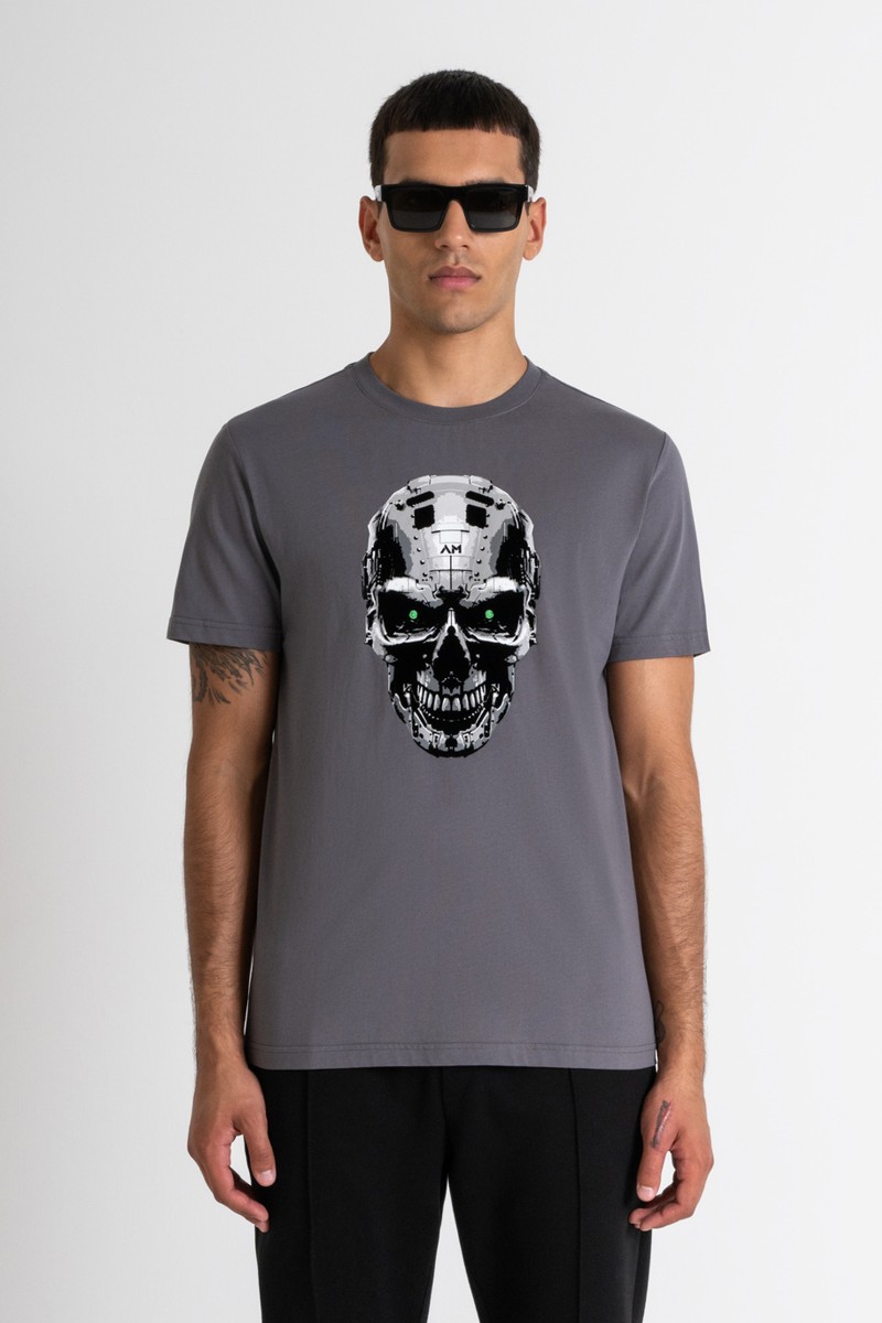  CAMISETA SLIM FIT DE JERSEY DE ALGODÓN GRIS CON ESTAMPADO DE CALAVERA ANTONY MORATO 