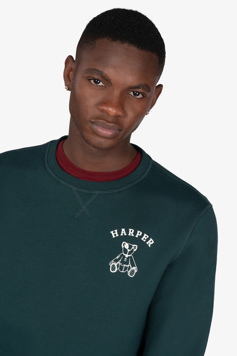 Sudadera de corte clásico con estética universitaria, detalles en canalé en puños y bajo, y gráficos distintivos que le aportan carácter.  2