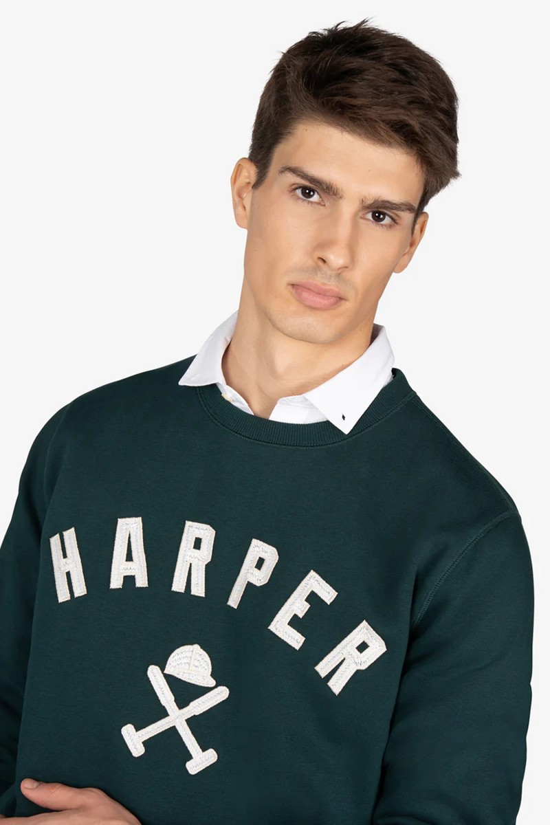 Sudadera de corte clásico con estampado frontal de estilo universitario, cuello redondo con refuerzo y tejido suave de uso diario.  2