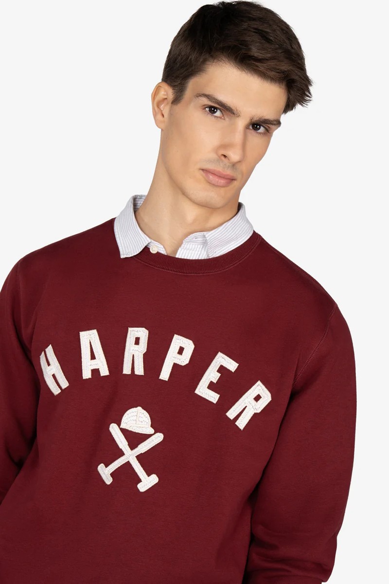  Sudadera estilo “college” en tono burdeos, con textura suave, cuello reforzado y diseño gráfico emblemático. 