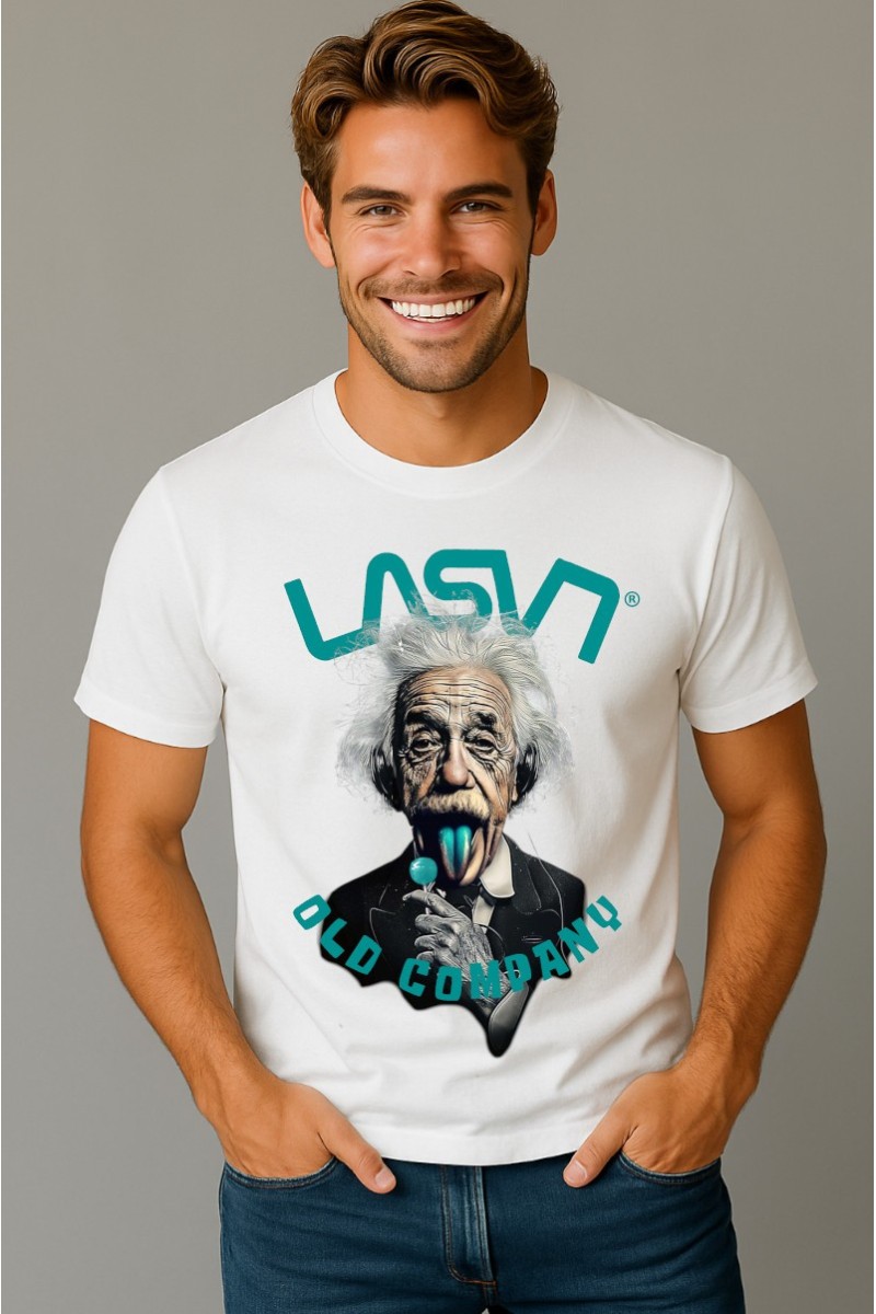 Camiseta en algodón blanco con estampado “Old Eins”, edición limitada numerada de solo 100 unidades y diseño atemporal.