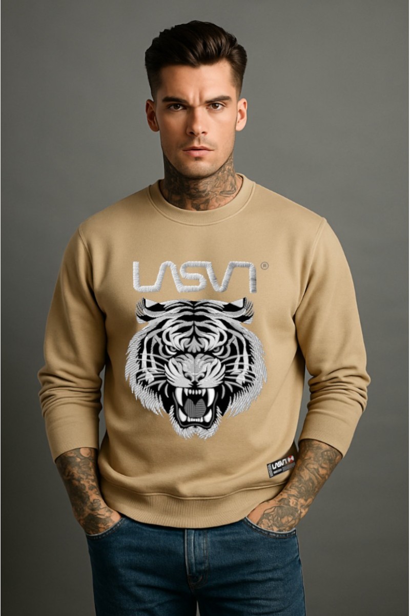 Sudadera en algodón con estampado frontal “Tiger”, edición limitada numerada y diseño sobrio en tono arena.