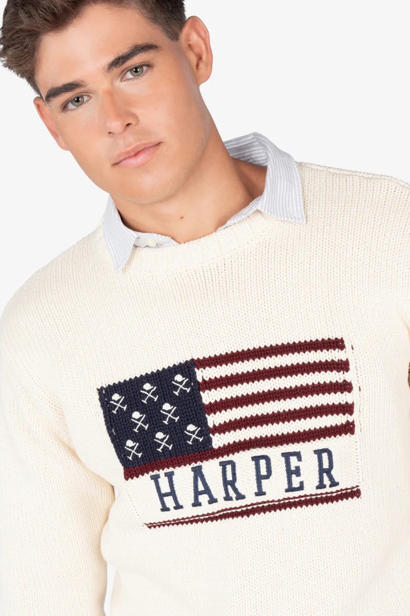 KNT HARPER M21  Jersey de punto en algodón con diseño gráfico de bandera y calavera, corte Regular Fit y acabado de calidad para un look casual con actitud.