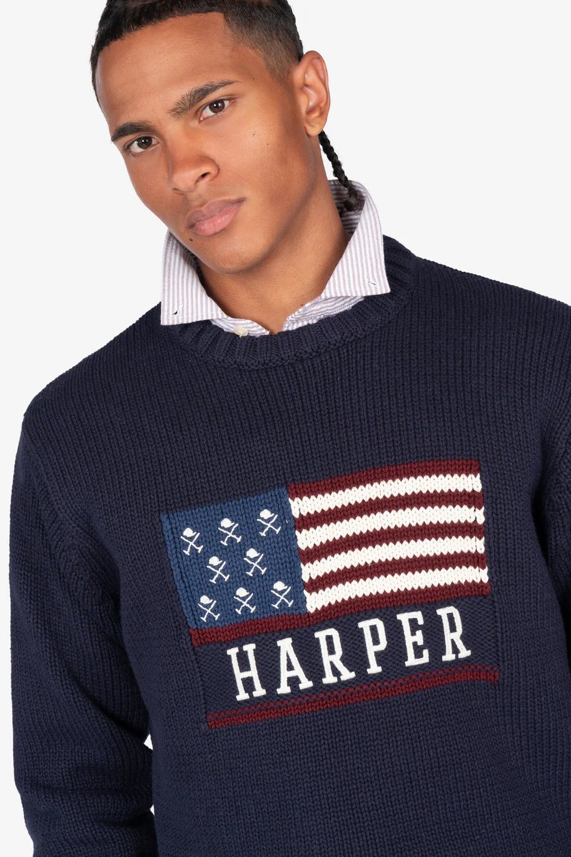 KNT HARPER M20  Jersey de punto en algodón con diseño gráfico de bandera y calavera, corte Regular Fit y acabado de calidad para un look casual con actitud.