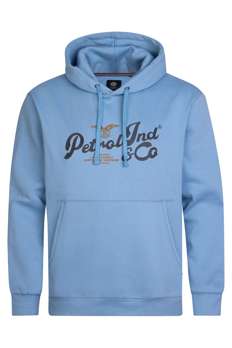  Sudadera Petrol Industries azul con capucha ajustable y logo bordado. Diseño cómodo, moderno y perfecto para un estilo urbano. 