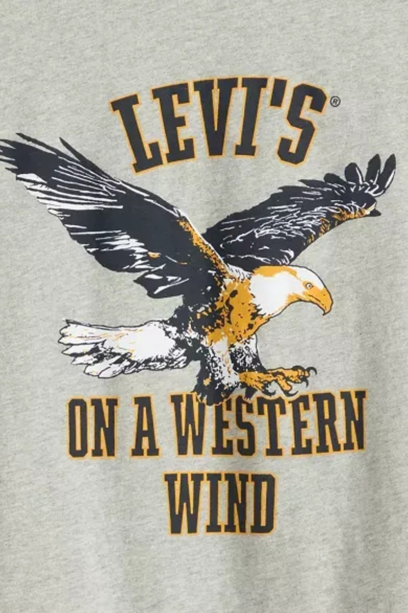  Camiseta gris medio de corte relajado con estampado frontal de águila. Confección cómoda y diseño versátil para el día a día. 