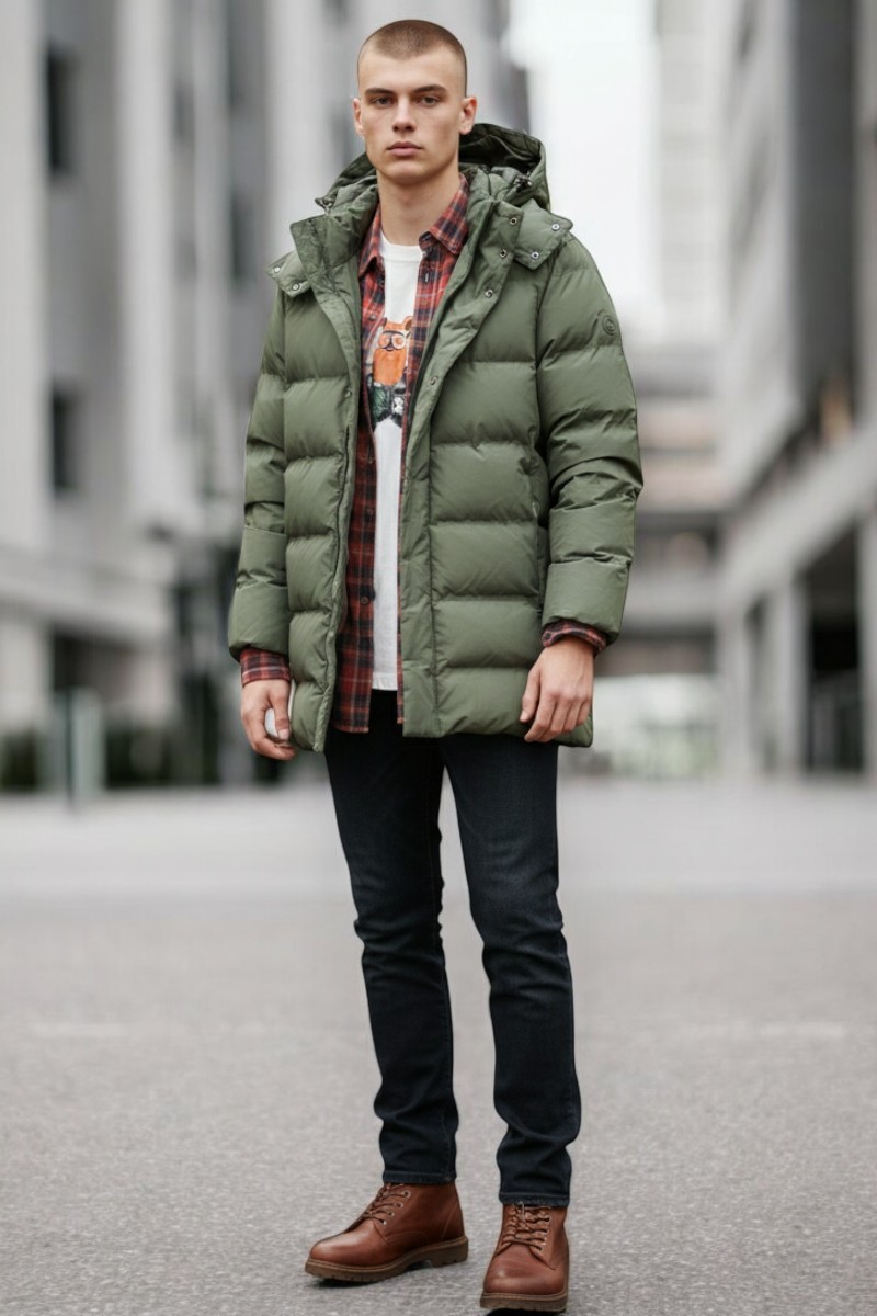 Look urbano de invierno hombre con plumífero verde | Uncode